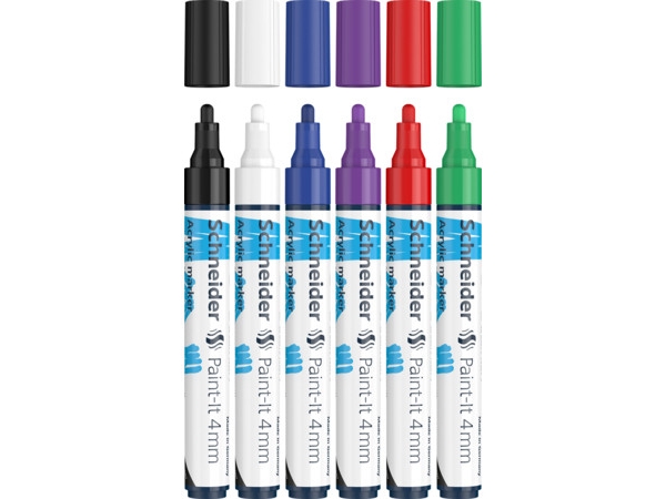 Schneider Schreibgeräte Paint-It, 6 Stück(E), Schwarz, Blau, Grün, Violett, Rot, Weiß, Rundspitze, Schwarz, Blau, Grün, Violett, Rot, Weiß, Rund, 4 M