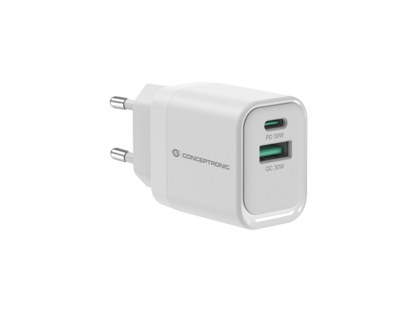 Conceptronic Althea19w33 2-Port 33W Gan Usb-Pd-Ladegerät, Usb-C X 1, Usb-A X 1, Qc 3.0, Pps, Pd 3.0, Drinnen, Ac, 20 V, Weiß