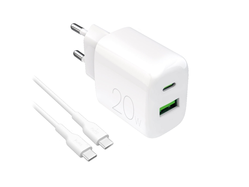 Puro Prolite 20W Usb-A / Usb-C Netoplader + Usb-C - Usb-C 1,2 M Kabel - Hvid