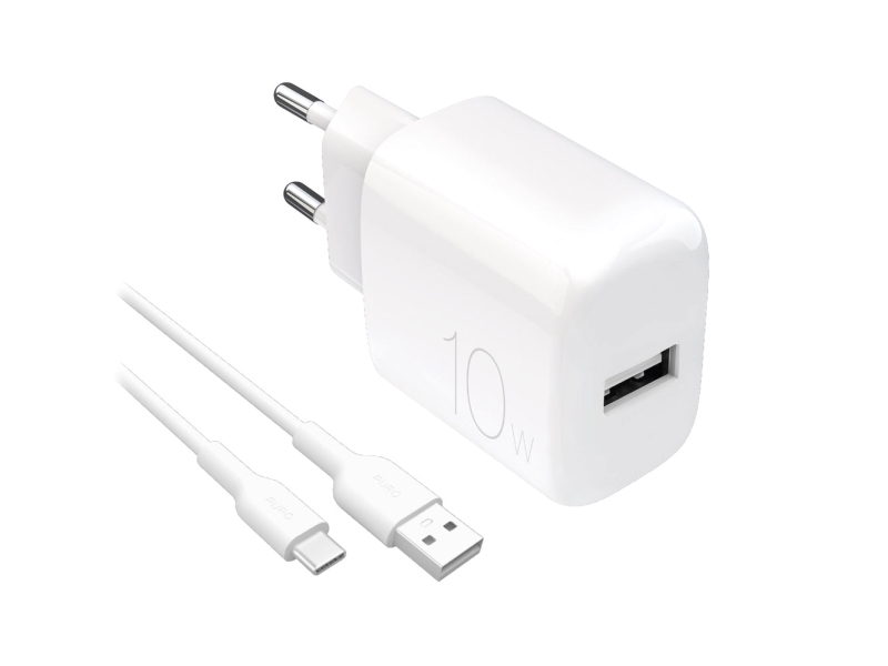 Puro PROLITE 10W USB-A netoplader + USB-A - USB-C 1,2 m kabel - hvid
