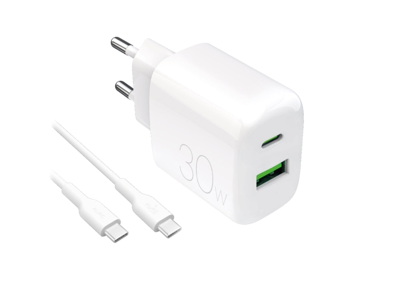 Puro Prolite 30W Usb-A / Usb-C Netoplader + Usb-C - Usb-C 1,2 M Kabel - Hvid