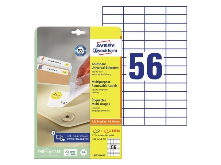 Avery L6027rev-25, Weiß, Rechteck, Entfernbar, A4, Universal, Papier