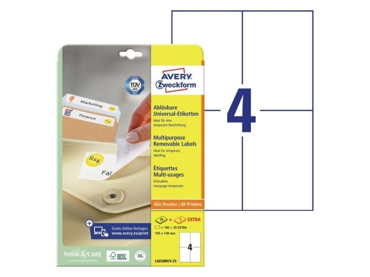 Avery L6028REV-25, Hvid, Rektandel, Aftagelig, A4, Universel, Papir