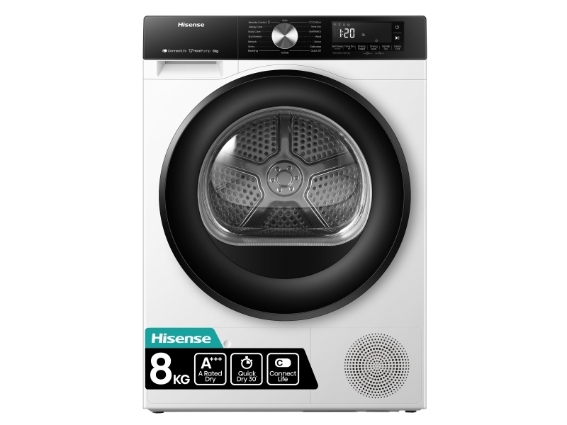 Hisense 3S Freistehender Wäschetrockner Mit Wärmepumpe, 8 Kg, Freistehend, Frontlader, Wärmepumpe, Weiß, Drehregler, Berührung, Links