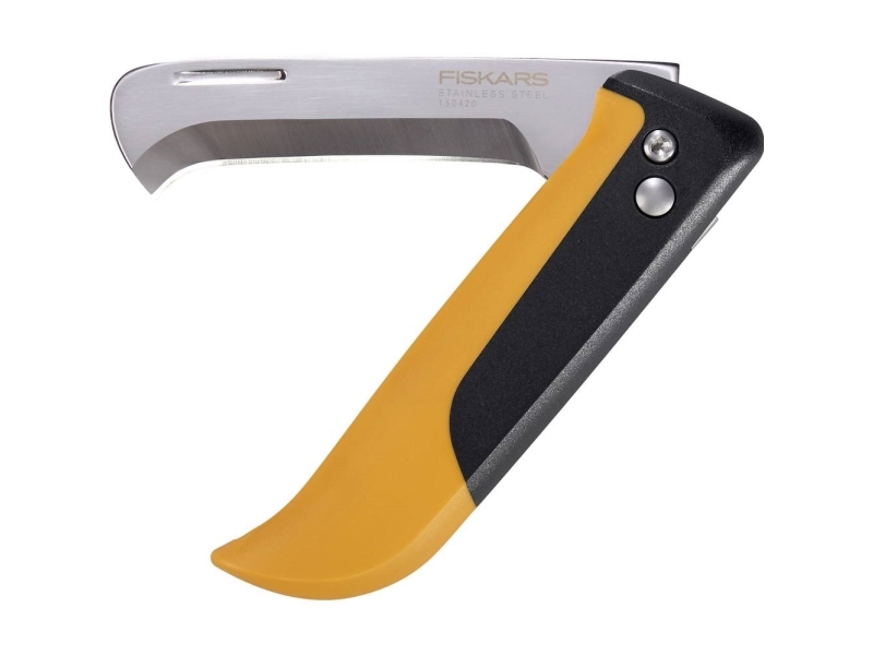 Fiskars 1062819 Sammenklappelig Frugt- Og Grøntsagskniv, Til Høst, Samlet Længde: 17,8 Cm, Rustfrit Stål/Plast, Sort/Orange, X-Serie, K80 (1062819)