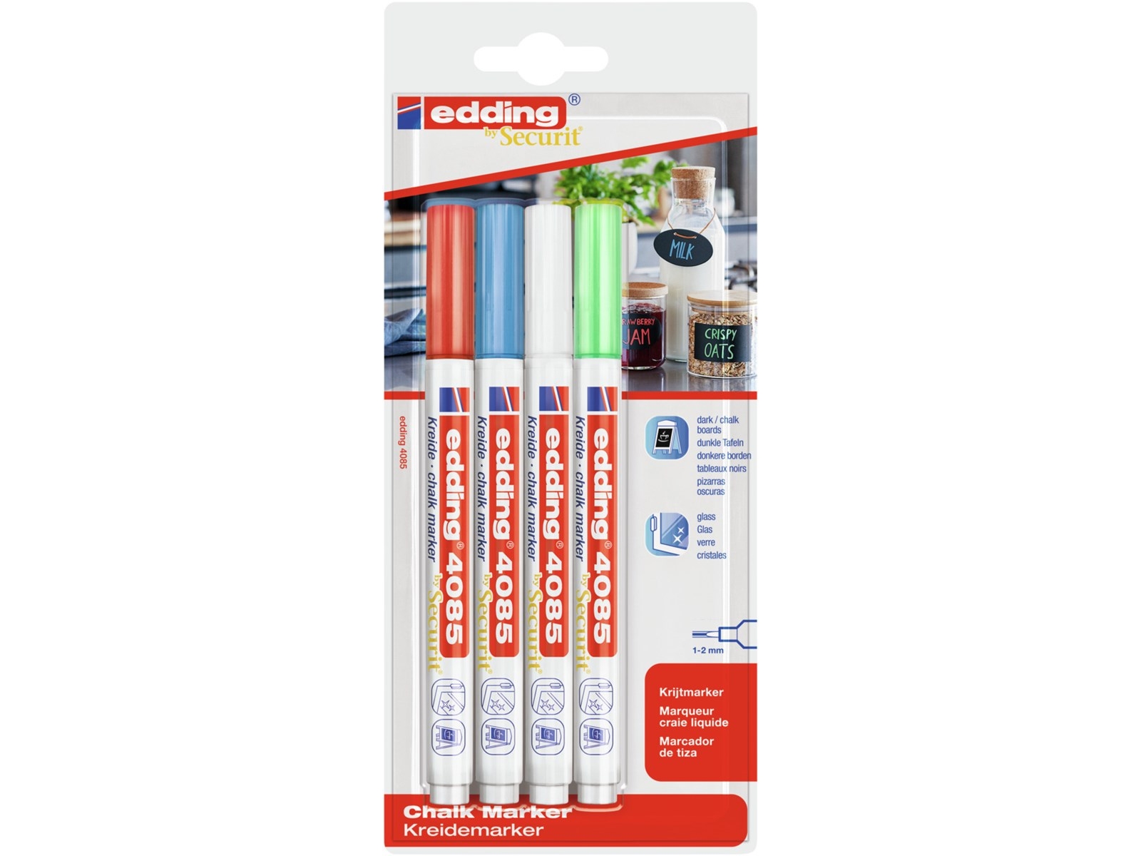 Edding 4085 Basic Set, Blå, Grøn, Rød, Hvid, Kugle, 4 Stk