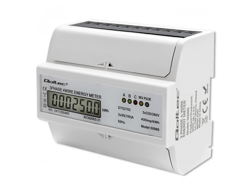 „Qoltec“ 3 fazių dvikryptis elektroninis skaitiklis | Energijos skaitiklis, montuojamas ant DIN bėgelio | 400 V | 100 A | LCD | 4P