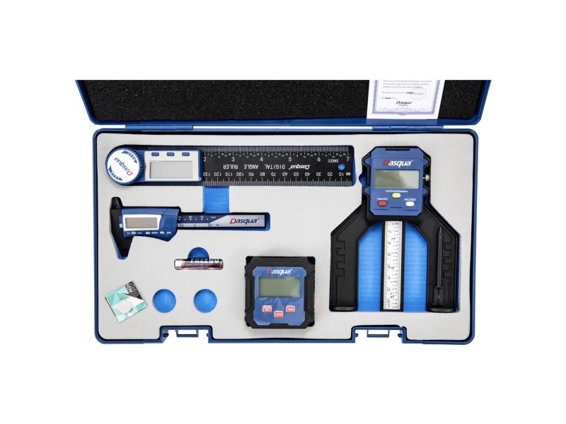 Dasqua 8300-0095 Mittaustyökalusarja 4-osainen - Tasoituslaatikko, syvyysmittari, lasikuitusakseli ja kulmaviivain
