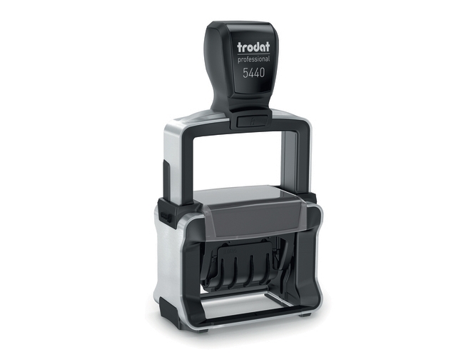 Trodat 121369, Tuottaa itse musteen, Teksti/Päiväysleima, Kumi, 27 x 48 mm, musta, Ruostumaton teräs, Sininen/Punainen