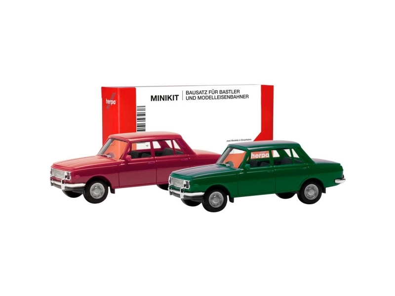 Herpa 013918-002 H0 Passagerarbil modell Wartburg 353 66, karminröd och atlantgrön