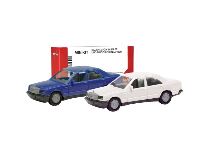 Herpa 012409-009 H0 Personbil model Mercedes Benz 190E, blå og classichvid
