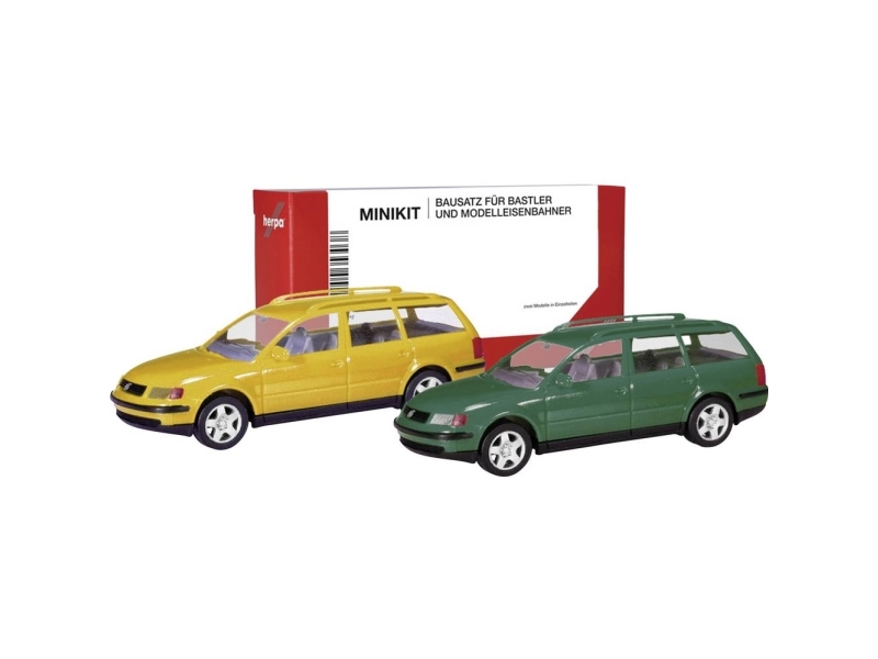 Herpa 012249-007 H0 Personbil model Volkswagen Passat variant B5, honninggul og moosgrøn