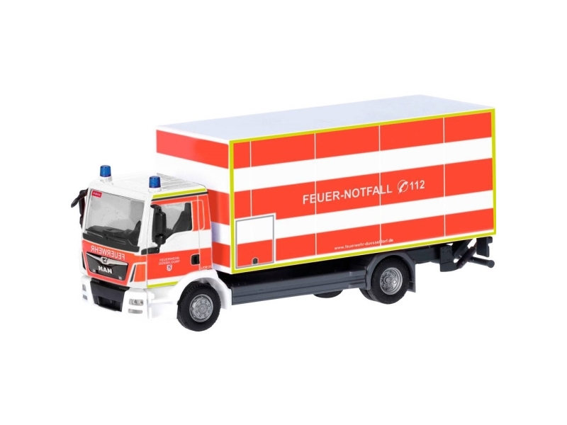 Herpa 098076 H0 Utryckningsfordon modell MAN TGM långtradare med lastdörr vägg brandkår Düsseldorf