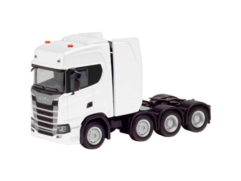 Herpa 308601-004 H0 Lastbiler model Scania CS20 højtag sværlastgodsvogn 4-akslet (8x4), hvid