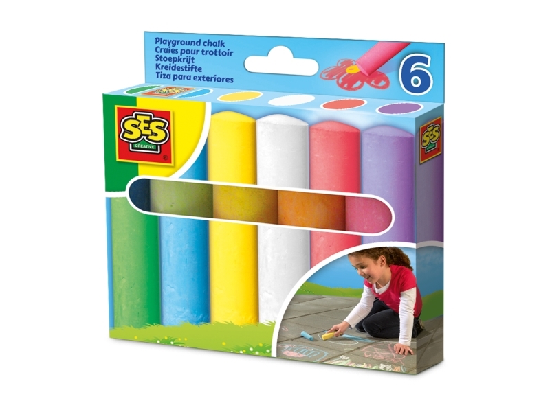 SES Creative Playground chalks 6 pack, Blå, Grön, Rosa, Violett, Vit, Gul, 2 År, 12 År, Barn, Nederländerna, 125 mm | Skola & Hobby - Solida färger - Färgkritonger för skolanvändning | GameStuff