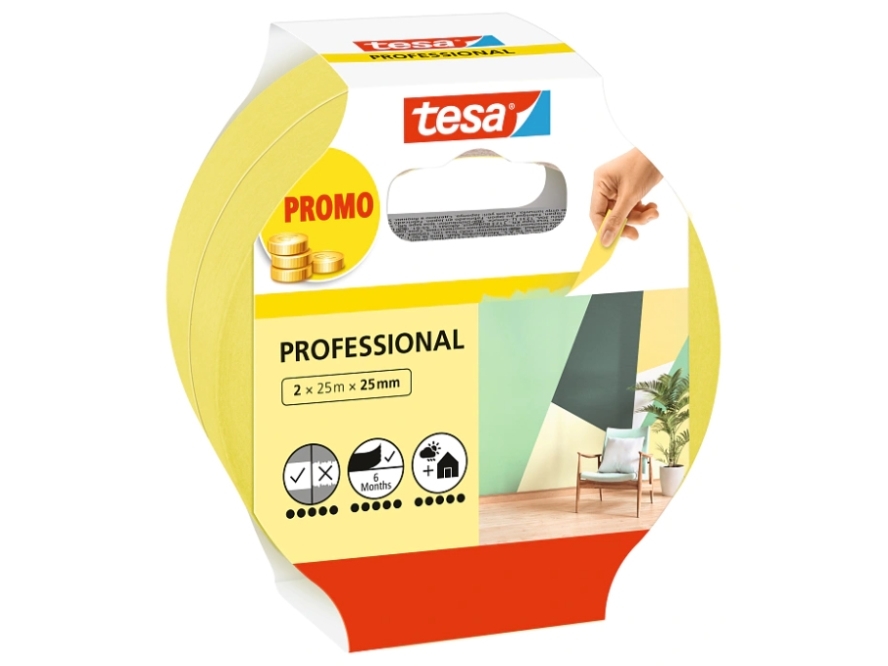 TESA 56212-00000-02, Gul, Maskering, 25 m, 25 mm, 2 styck | Rutter och fästanordningar - Isolerande tejp | GameStuff