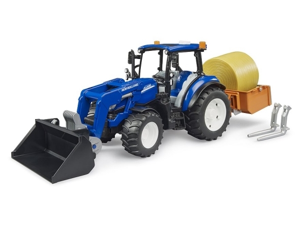 New Holland T5.120 FL:llä, lastauslaatikko, haarukat + 1 pyöröpaali
