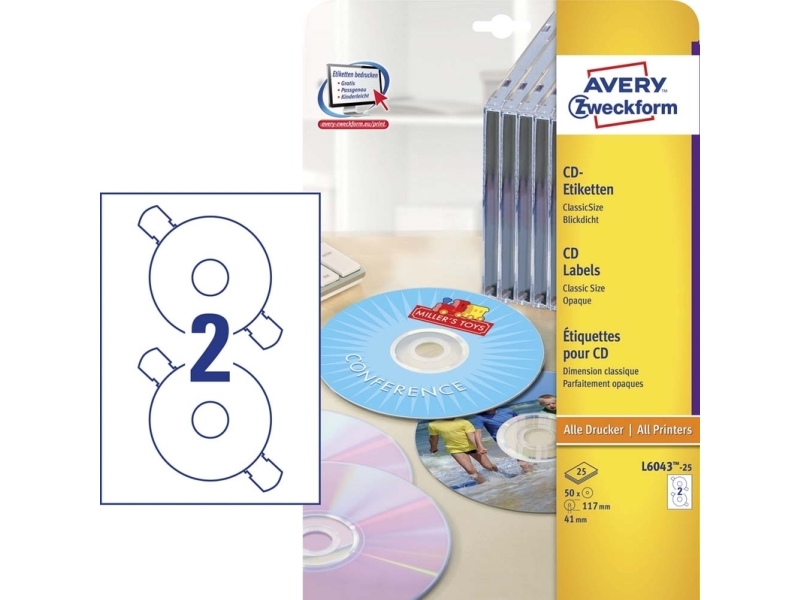 Avery Cd/Dvd Labels - Hvid - 117 Mm Rund 50 Etikette (25 Ark X 2) Cd/Dvd Etiketter