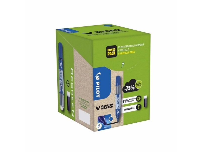 Whiteboardmarker, Pilot BeGreen, genopfyldelig, rund, sort, 10 stk + refiller