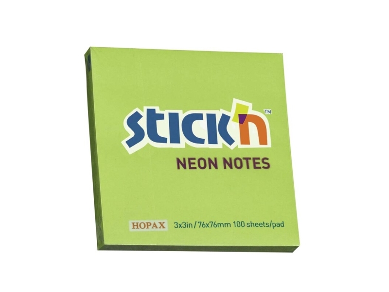 Notes Stick'n Neon Grøn 76X76mm 100Blade - (12 Stk.)