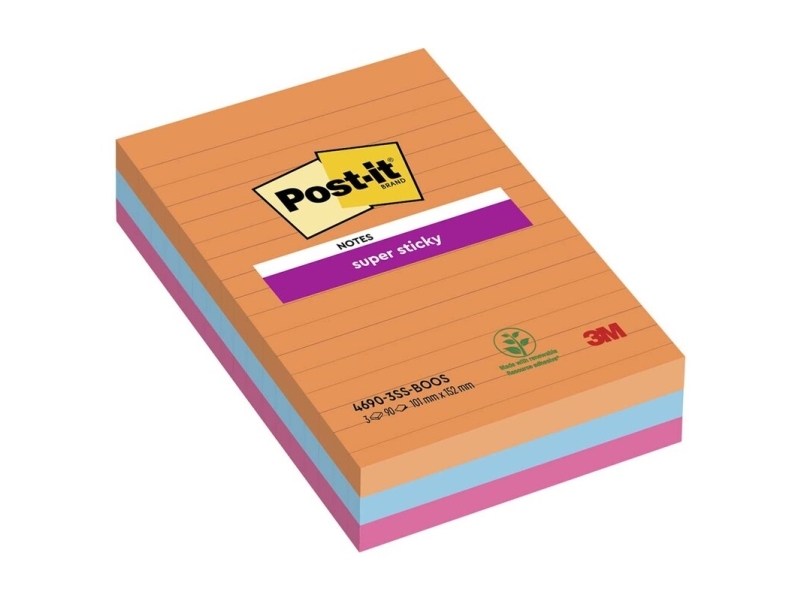 Post-it Super Sticky Notes Boost, linjerede, 101 mm x 152 mm, pakke a 3 stk