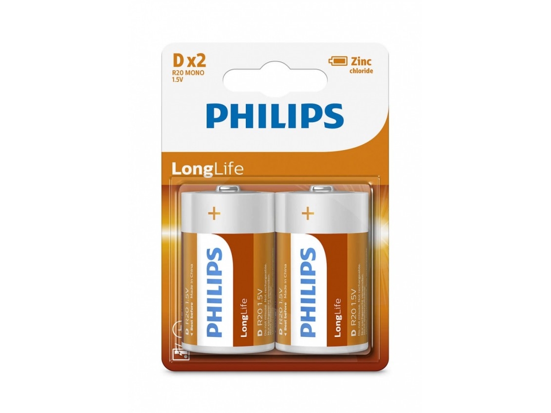 Philips Longlife D batteri 2 stk.