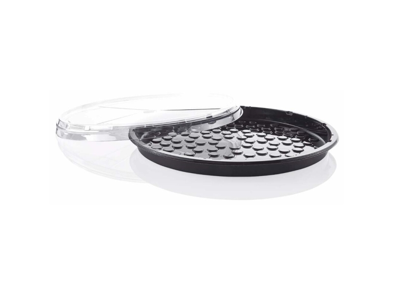 Låg t/plastbakke, Færch, P 78-50A., Rund Ø 330, højde 23, vægt: 301 PET, transparent, T/Pizza and Ta