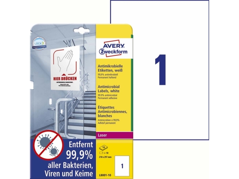 Avery Antimikrobielle Etiketten, Weiß, A4, Polyester, Laser, Dauerhaft, Rechteck