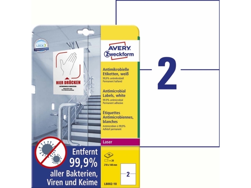 Avery Antimikrobielle Etiketten, Weiß, A4, Polyester, Laser, Permanent, Rechteck