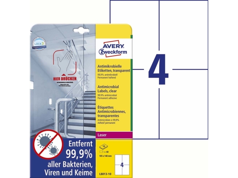 Avery L8013-10, Transparent, A4, Polyester, Laser, Permanent, Rektandel