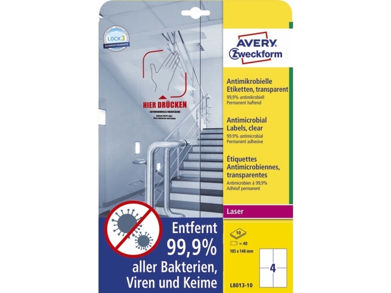 Avery L8013-10, Transparent, A4, Polyester, Laser, Permanent, Rektandel