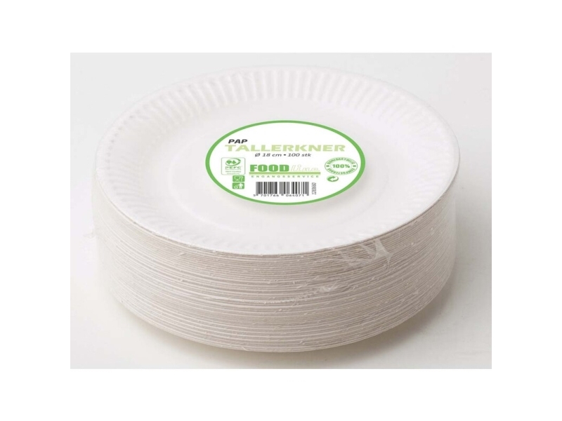 Tallerken frokost, Rund indvendig diameter 180.0 mm biologisk nedbrydeligt papir, hvid komposterbar