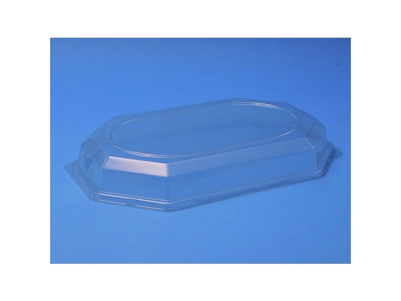 Låg t/cateringfad, Oval 465 x 315 x 63 mm, transparent, Medium karton a 50 stk Fødevaregodkendt