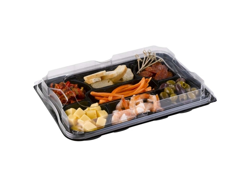 Plastbakke 7-rum 350x240 mm sort fad med løst klart låg RPET- (karton á 25 stk.)