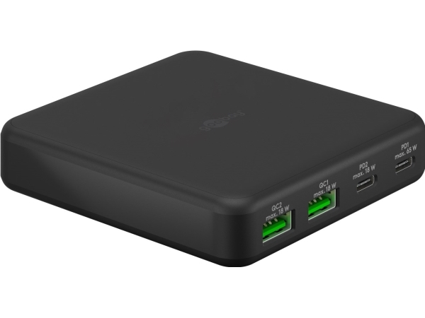 goobay USB-C multiport desktop charger, PD, GaN, 65 watts, black, 2x USB-C, 2x USB-A, Power Delivery, QuickCharge 3.0