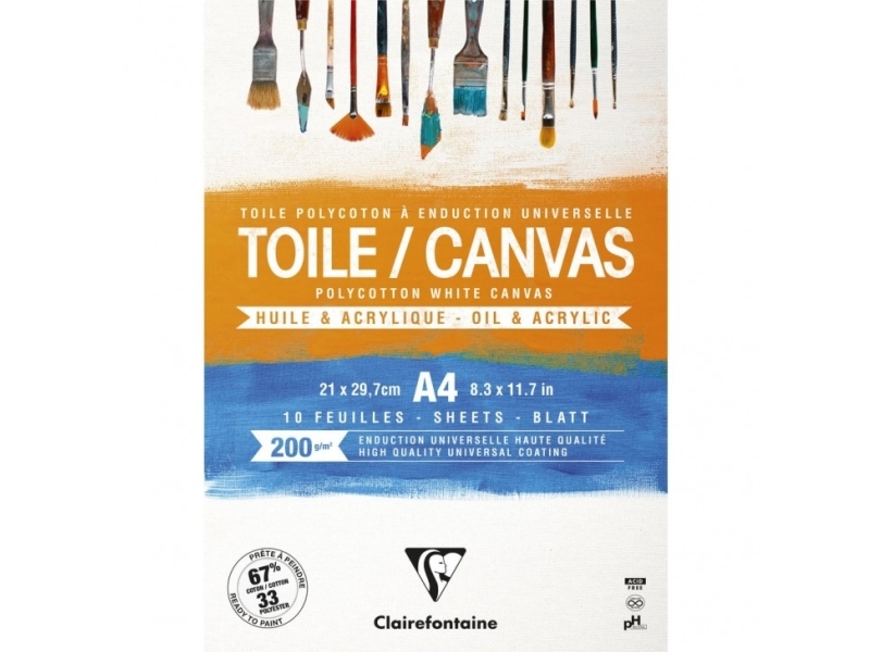 Clairefontaine A4-kanvasblock (10 ark, 200 gram, vit duk 67 % bomull 33 % polyester, kraftig kartongbaksida, lim överst) klart för målning. Olja och akryl | Skola & Hobby - Konstmaterial - Papper | GameStuff