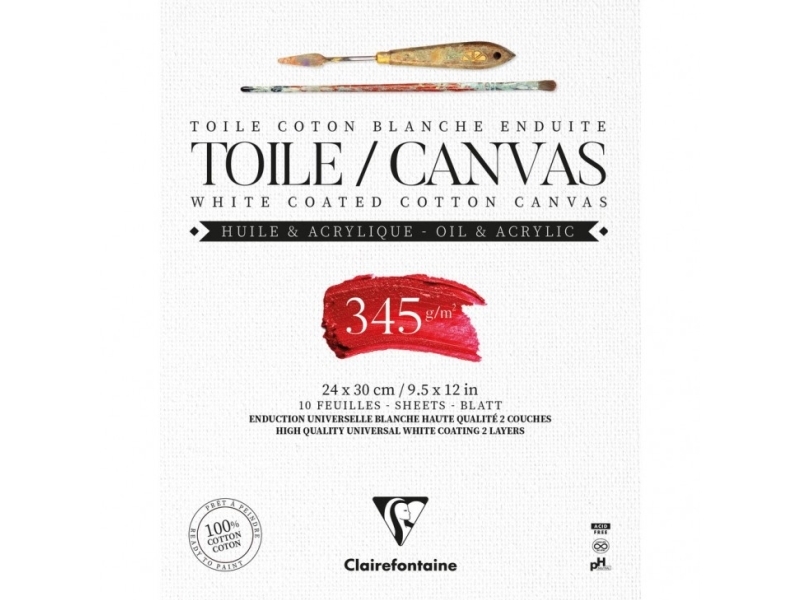 Clairefontaine Canvas-tyyny 24x30cm ( 10 arkkia, 345grammaa, 100% puuvillaa, hapoton, 2-kerroksinen pinnoite) öljylle ja akryylille