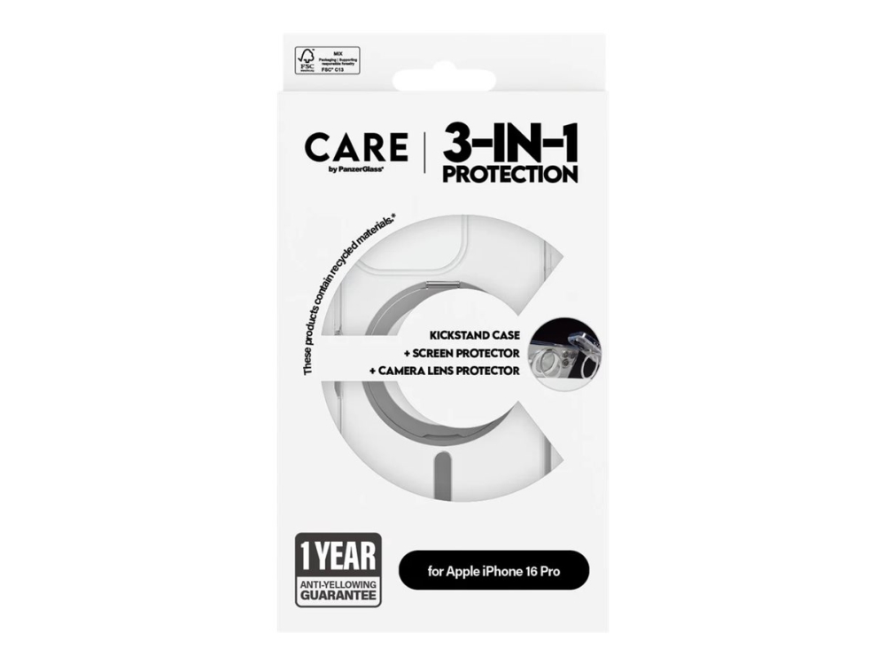 CARE by PanzerGlass - 3-i-1 beskyttelsespakke - bagsidecover til mobiltelefon - MagSafe-kompatibilitet - genbrugt plastik - for Apple iPhone 16 Pro