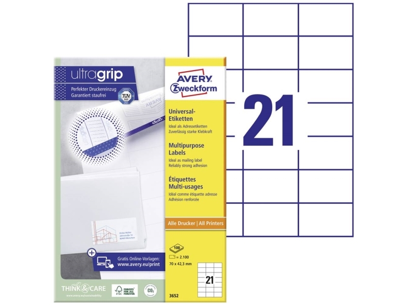 Avery - Hvid - 42.3 X 70 Mm 2100 Etikette (100 Ark X 21) Etiketter
