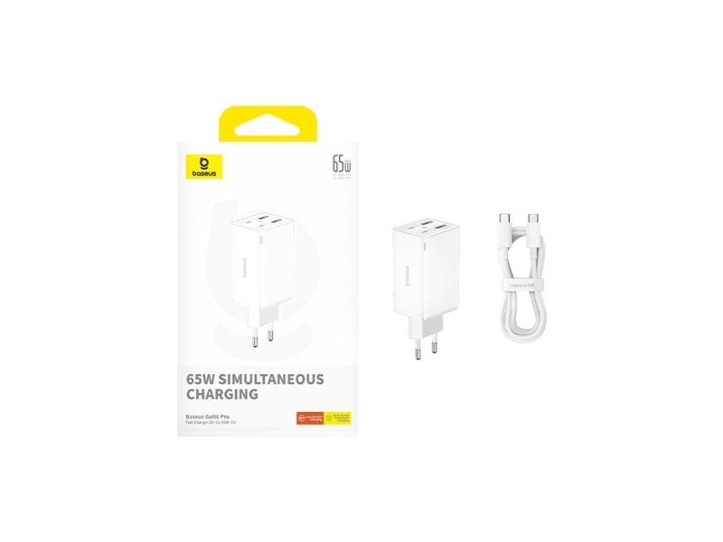 Baseus Gan6 65W Adptr + 100W C Kbl-Byz, Automatisk, Vekselstrøm, Hvid