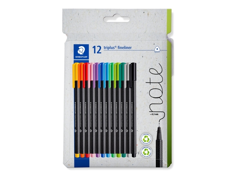 Staedtler 334 C12, Svart, Blå, Grön, Grå, Ljusblå, Ljusgrön, Orange, Rosa, Röd, Violett, Gul, Superfin, Återvunnen plast, Triangel, Vattenbaserat bläck, Metall | Skrivredskap - Fiberpennor & Fineliner - Fineliner | GameStuff