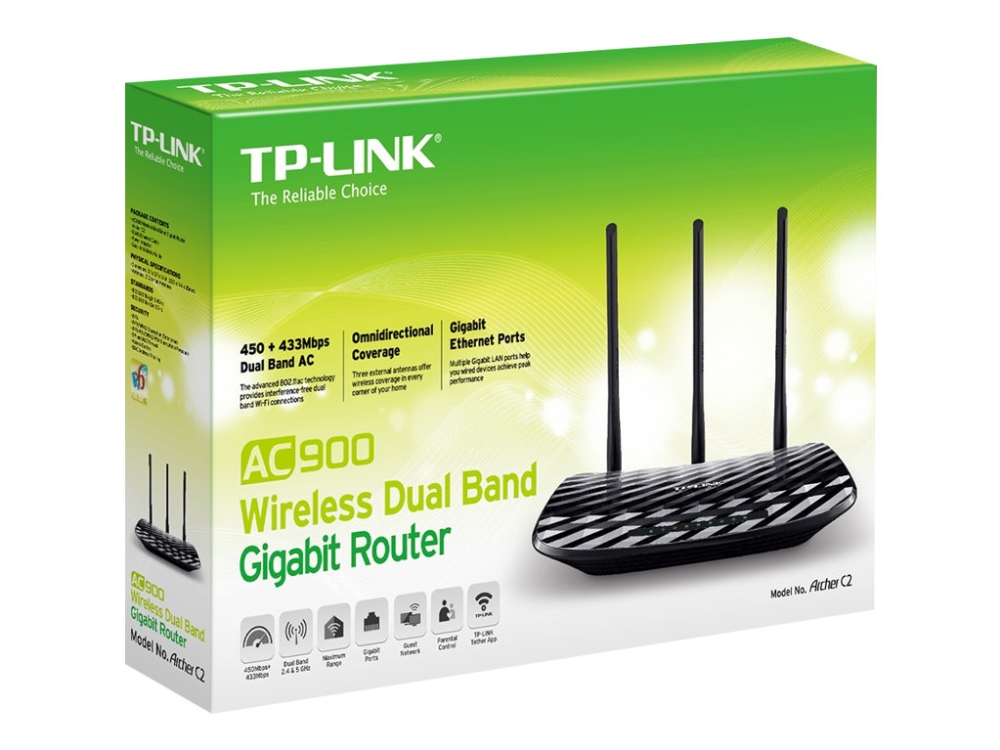 Tp-Link Archer C2 Ac900 - Trådløs Router 4-Port Switch - 1Gbe Dual Band