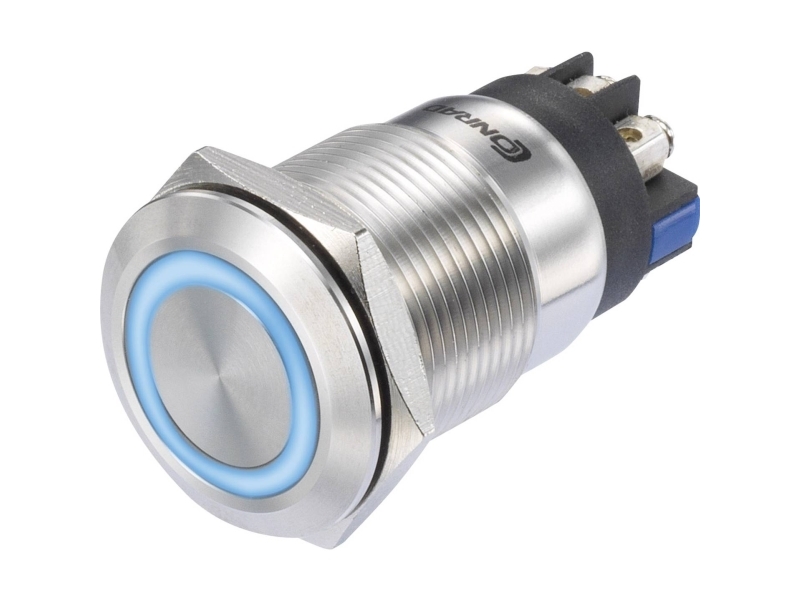 Conrad Las1-Gq-11E/L/B/12V/S Druckschalter 250 V/Ac 3 A 1 X Ein/Ein Ip65 Tastend 1 St, Blau, Stahl, 250 V, 3 A