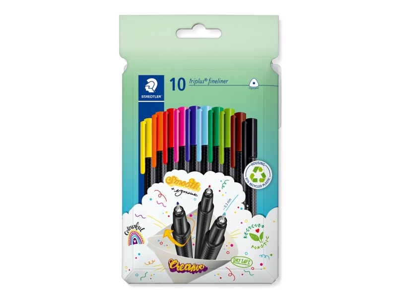 Staedtler 334 C10, musta, Sininen, Ruskea, Vihreä, Vaaleansininen, Vaaleanvihreä, Oranssi, Vaaleanpunainen,..., Erittäin ohut, Kierrätetty muovi, Kolmio, Vesipohjainen muste, Metalli