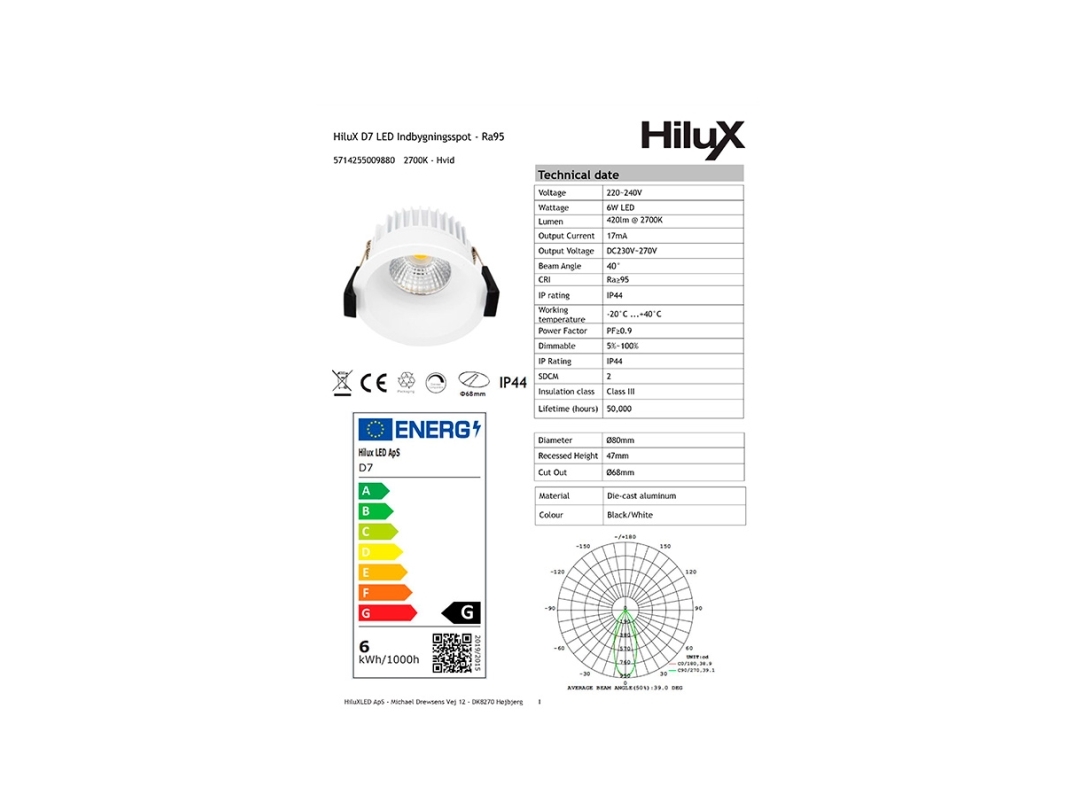 HiluX D7 Gen2 - 6W - 420lm - Ra95 - 2700K - Dimmable - Outdoor - White