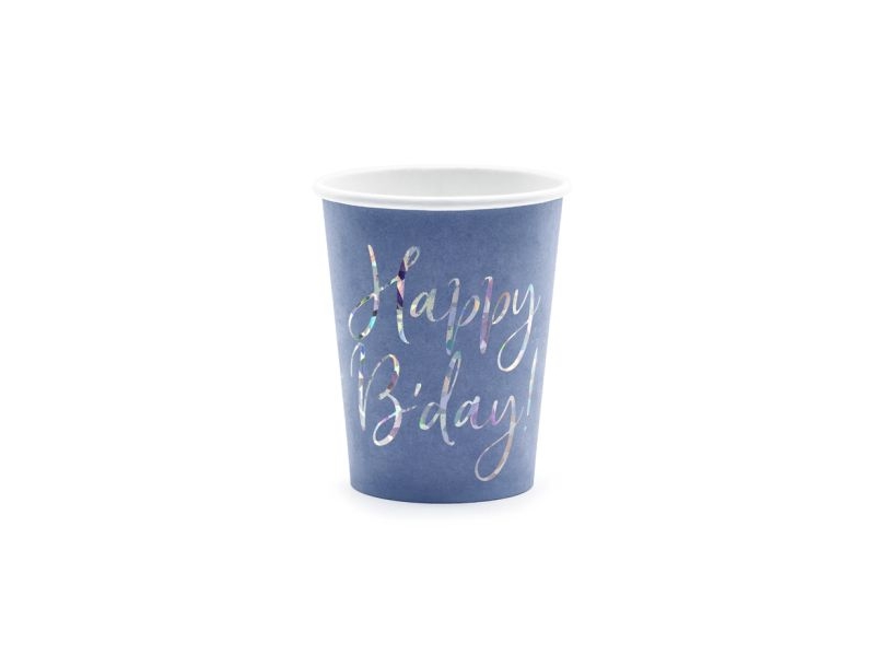 Blaue Happy B'day Pappbecher, 6 Stück