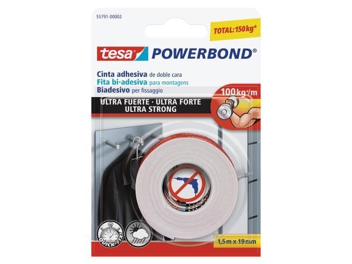 TESA Powerbond Ultra Strong, Hvid, 1,5 m, 1 kg/cm, 19 mm
