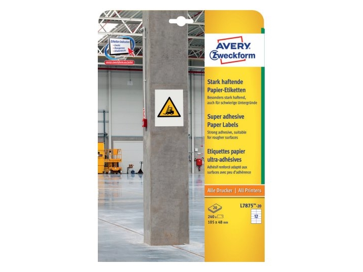 Avery L7875-20, Hvid, Rektandel, Permanent, Din A4, Papir, Laser/Inkjet