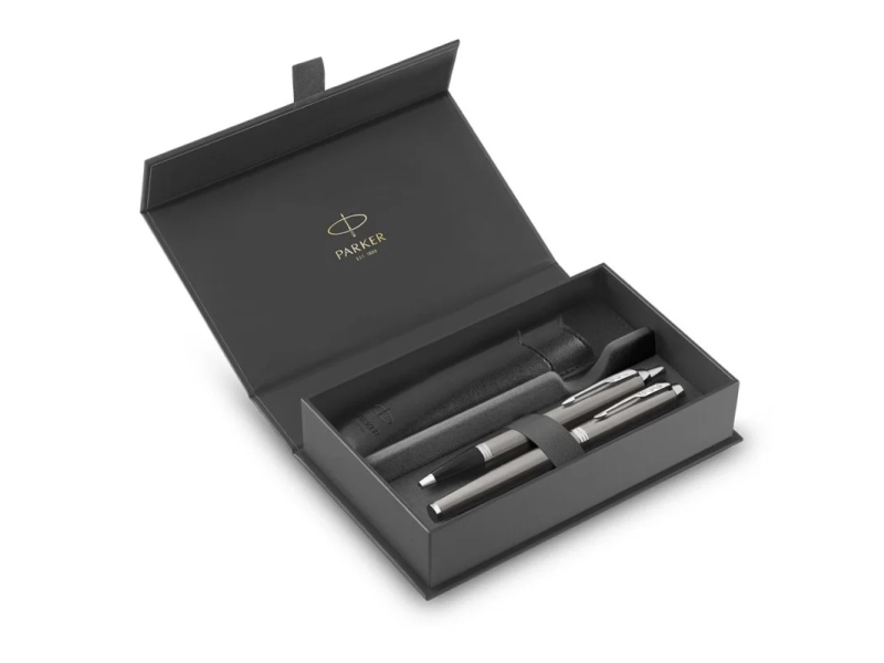 Parker IM Duo Pen Gavesæt | Fyldepen, kuglepen & penneetui | Rustfrit stål finish med krombeklædning | Medium spids