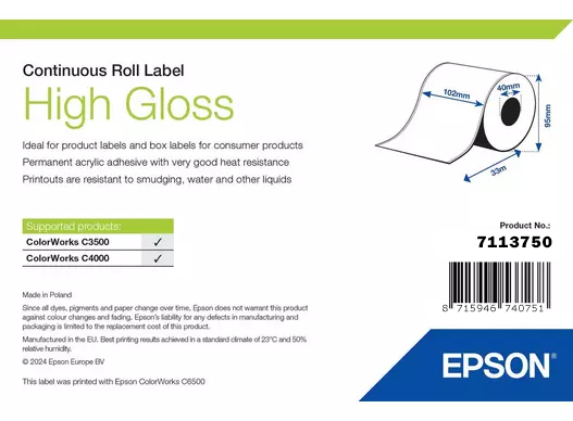 Epson - Høj-skinnende - Rulle (10,2 cm x 33 m) 1 rulle(r) fortløbende mærkater - for ColorWorks CW-C4000, TM-C3500